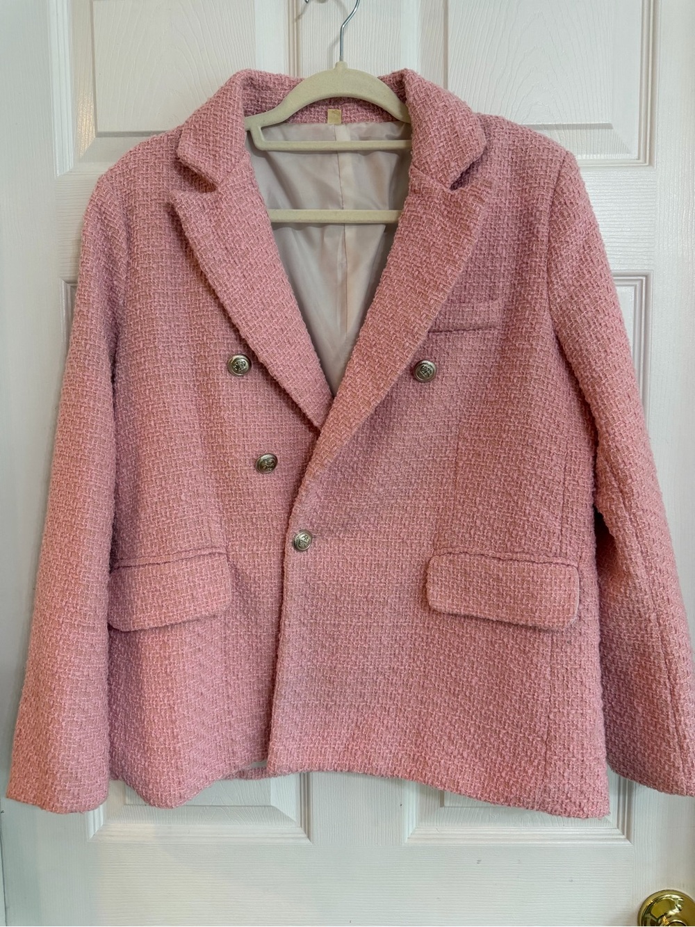 SHEIN Pink Bouclé Double-Breasted Blazer Jacket